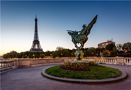法国,雕塑,桥,埃菲尔铁塔,黎明,巴黎
