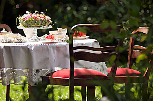 茶几,花园,白色,桌布,怀旧,软垫,木椅