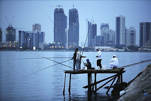 捕鱼者,晚上,码头,多哈,湾,建筑,高层建筑,地区,北方,滨海路,卡塔尔