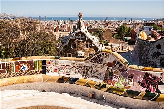 巴塞罗那,古埃尔公园,砖瓦,图案,蜿蜒,长椅,现代主义
