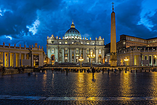 圣彼得广场,圣彼得大教堂,方尖塔,夜晚,罗马,意大利,欧洲