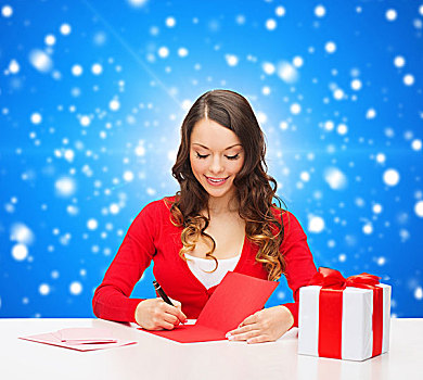 圣诞节,休假,庆贺,问候,人,概念,微笑,女人,礼盒,文字,发送,明信片,上方,蓝色,雪,背景