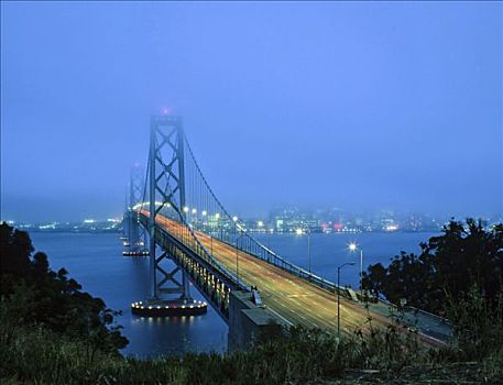 海湾大桥,天际线,黄昏,旧金山,加利福尼亚,美国