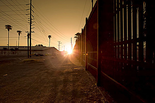 日出,边界,栅栏,分隔,美国,墨西哥