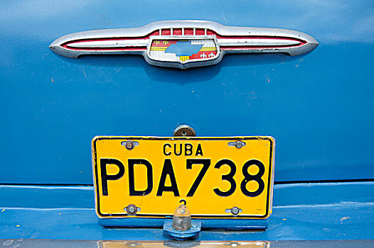 蓝色,老爷车,古巴,后视图,牌照,大安的列斯群岛,加勒比海,中美洲,北美