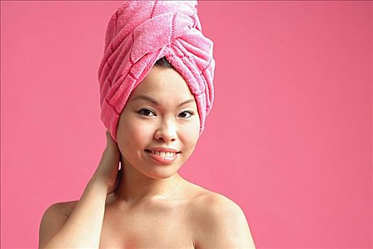 女人,穿,粉色,毛巾,缠头巾