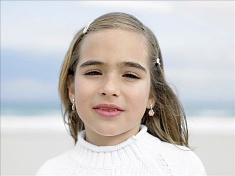 女孩,6-8岁,海滩,肖像,特写
