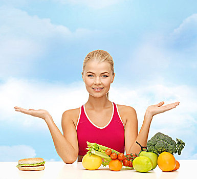 健身,节食,卫生保健,概念,微笑,女人,水果,汉堡包