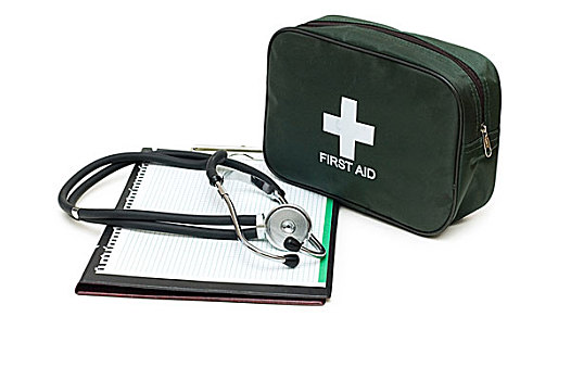 急救箱,听诊器,笔记本,隔绝,白色背景