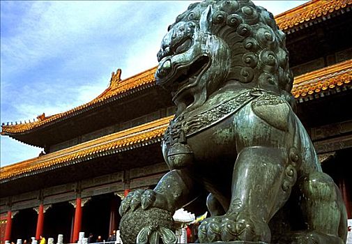 仰视,狮子,雕塑,正面,建筑,故宫,北京,中国