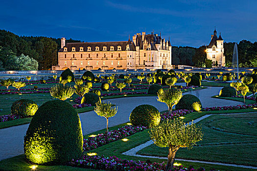 灯光,花园,波瓦第尔,舍农索城堡,卢瓦尔河谷,中心,法国