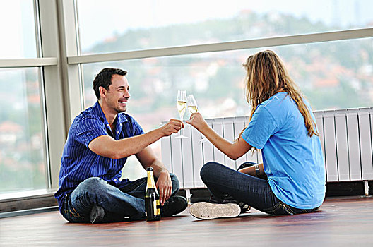 幸福伴侣,大,鲜明,舒适,公寓,庆贺,玻璃,香槟