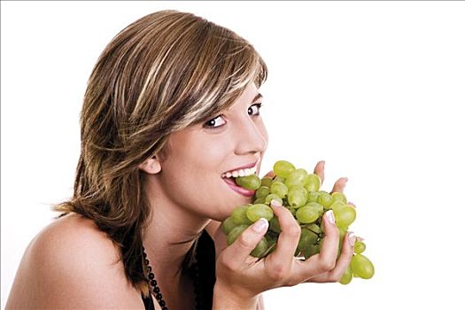 女青年,吃,绿葡萄