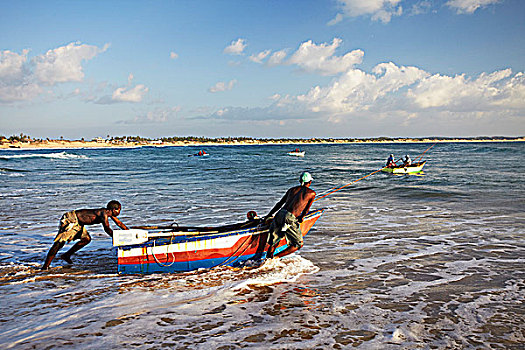 捕鱼者,渔船,海滩,莫桑比克
