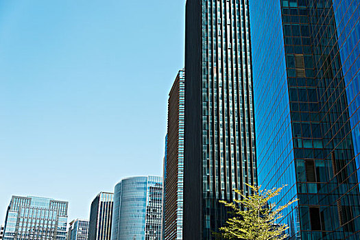 现代,玻璃,建筑,摩天大楼,上方,蓝天