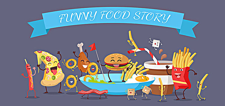 有趣,食物,故事,旗帜,高兴,快餐,卡通,跳舞,炸薯条,热狗,比萨饼,可乐,汉堡包,煎鸡蛋,鸡腿,熏肉,生机
