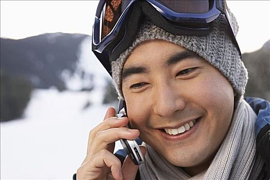 男人,手机,滑雪,山,不列颠哥伦比亚省,加拿大