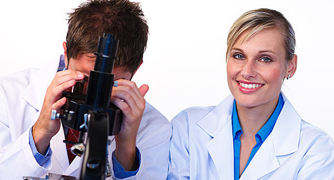女人,微笑,摄影,男性,科学家,看穿,显微镜