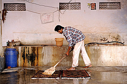 男人,洗,地毯,工厂,斋浦尔,拉贾斯坦邦,北印度,印度,南亚,亚洲