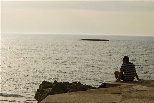 后视图,一个,男人,坐,海边,比亚里茨,法国
