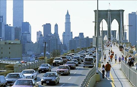 纽约,城市,路人,布鲁克林大桥,汽车,移动,曼哈顿,背景,蓝天