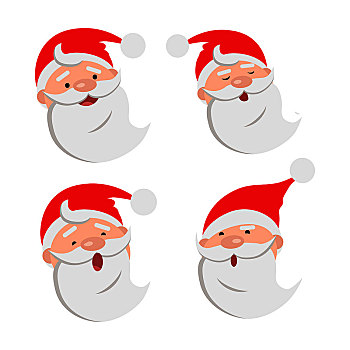 收集,四个,圣诞老人,脸,表情,不同,情感,白色,胡须,红色,帽子,圆,蝴蝶结,感觉,卡通,风格,设计,矢量