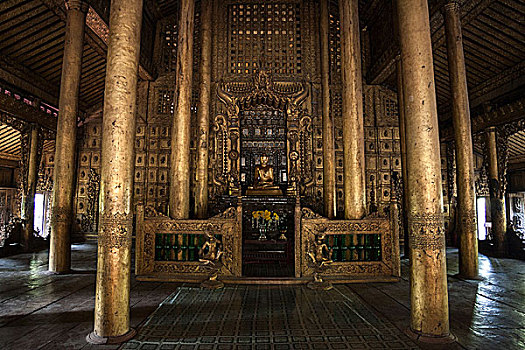 镀金,木质,柱子,室内,寺院,曼德勒,分开,缅甸,亚洲