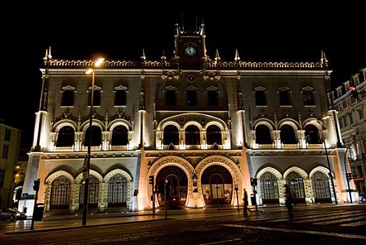 罗西奥,火车站,夜晚,里斯本,葡萄牙,欧洲