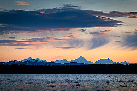 日落,景色,山峦,风景,小湾,冰河湾国家公园,保存,东南阿拉斯加,夏天