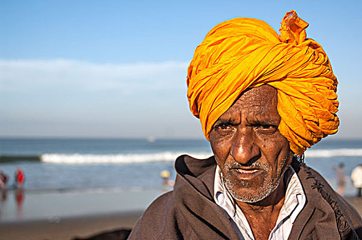 印度,男人,橙色,缠头巾
