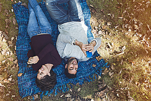 俯视,情侣,躺着,毯子,树林,发短信
