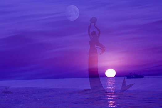 美人鱼,大海,日落,月