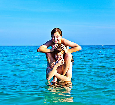 兄弟,享受,清晰,温馨,水,美女,海滩,玩,肩扛