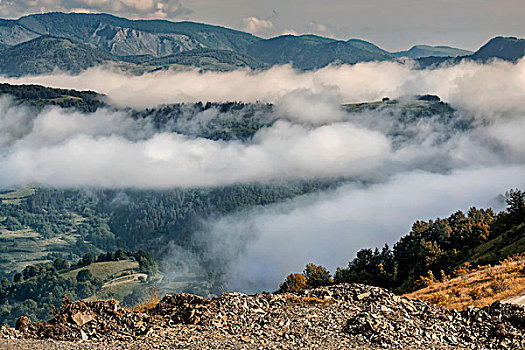 雾,俯视,山,山谷