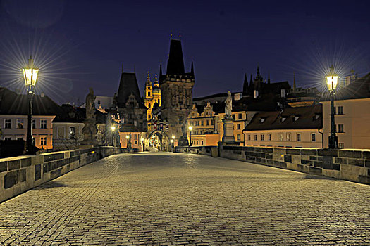 夜晚,查理大桥,世界遗产,布拉格,波希米亚,捷克共和国,欧洲