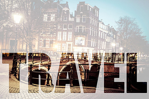 文字,旅行,上方,一个,著名,运河,阿姆斯特丹,荷兰,黄昏