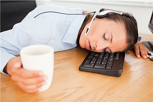 职业女性,耳机,睡觉,办公室,咖啡