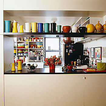 架子,厨房,完美,展示,收集,彩色,旧式,陶器