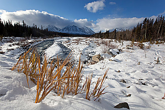 第一,雪,溪流,山峦,克卢恩山脉,后面,克卢恩国家公园,自然保护区,育空地区,加拿大