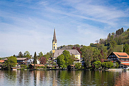 教堂,湖,房子,巴伐利亚,德国,欧洲