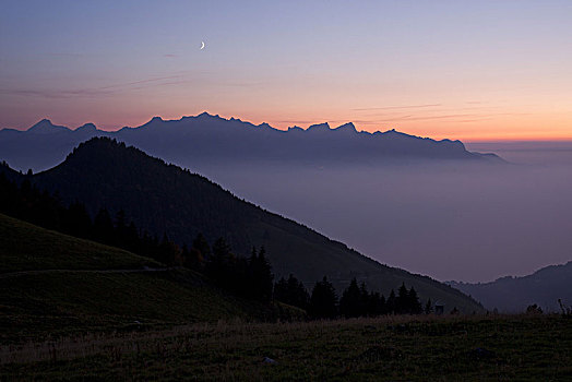 月出,风景,凹,沃州,瑞士