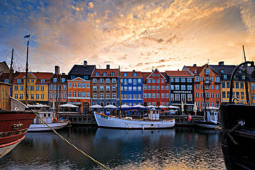 日出,彩色,建筑,港口,地区,新港,哥本哈根,丹麦,欧洲