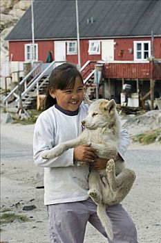 孩子,女孩,格陵兰,狗,小狗,特色,房子,背景