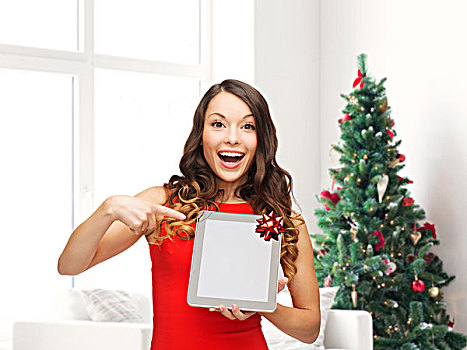圣诞节,科技,礼物,人,概念,微笑,女人,红裙,留白,平板电脑,电脑屏幕,上方,客厅,圣诞树,背景