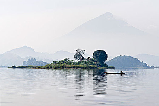 独木舟,早晨,雾气,湖,正面,火山,边界,卢旺达,西南部,乌干达