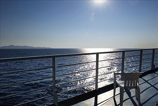 孤单,椅子,甲板,渡轮,船,风景,海洋,希腊
