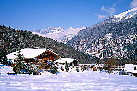 法国,上萨瓦,勃朗峰,山,木制屋舍,雪