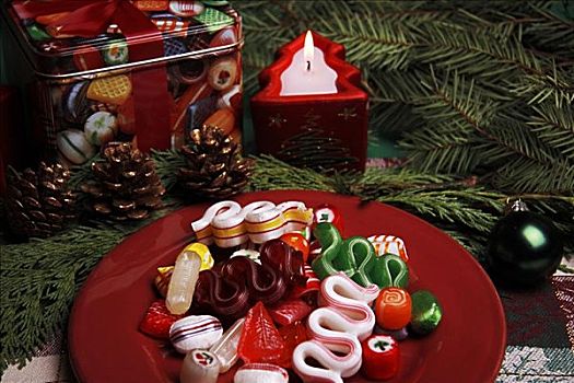 圣诞节,场景,圣诞糖果,盘子,蜡烛,花环,后面