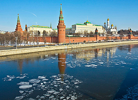莫斯科,克里姆林宫,宫殿,大教堂,河,反射,浮冰,水,俄罗斯,欧洲