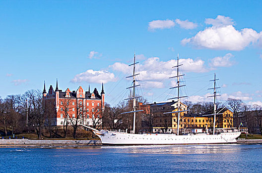 三个,桅杆,船,停泊,海普斯霍尔曼,年轻,客栈,水,斯德哥尔摩,瑞典